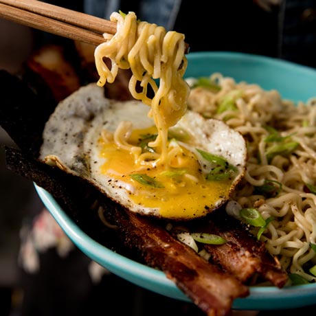Bacon and Eggs Breakfast Ramen with Green Onions